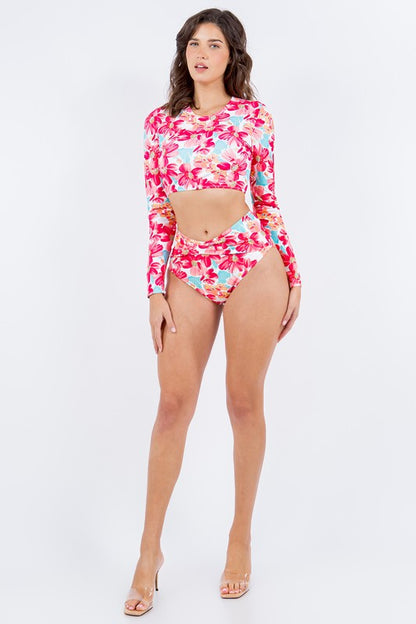 Two Piece Floral Print with Long Sleeve Bikini – Green/blue – L