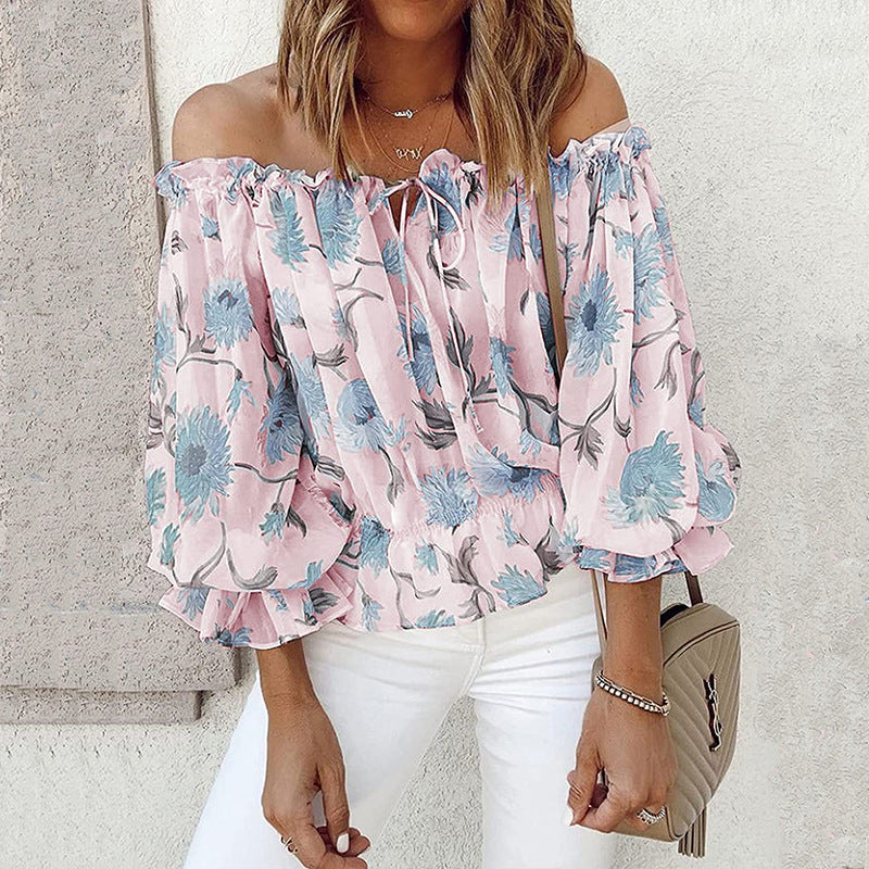 Women’s Floral Off-Shoulder Blouse — Ruffle Sleeve Chiffon Top - The Dock Drop
