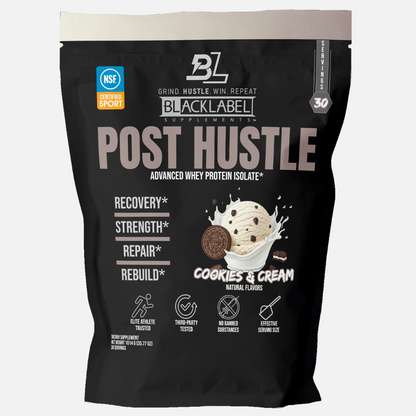 BlackLabel Supplements Post Hustle protein package with cookies and cream flavor on a white background