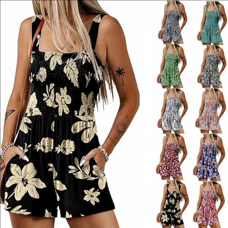 ShoreBloom Floral Romper – Sleeveless, Pockets, Beach-Ready - The Dock Drop