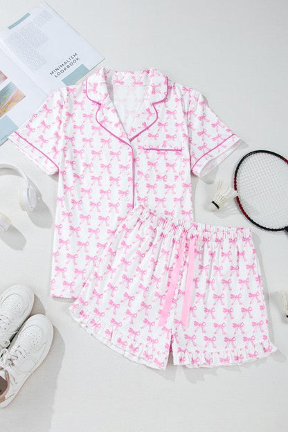 Pink Short Sleeve and Ruffled Shorts Pajama Set – Pink – M