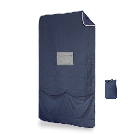 Navy blue quilt with a small pouch on a white background