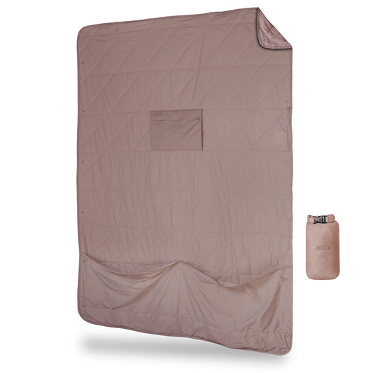 Beige outdoor blanket with a small pouch on a white background