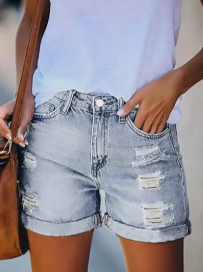 Women’s & Teens Mid-High Rise Distressed Denim Shorts — Stretch Fit, Rolled Hem - The Dock Drop