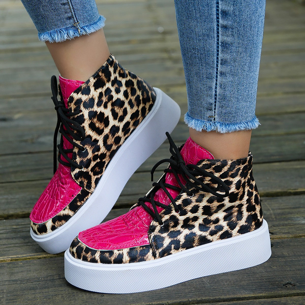 PU Leather Leopard Platform Sneakers – Hot Pink – 42(US10.5)