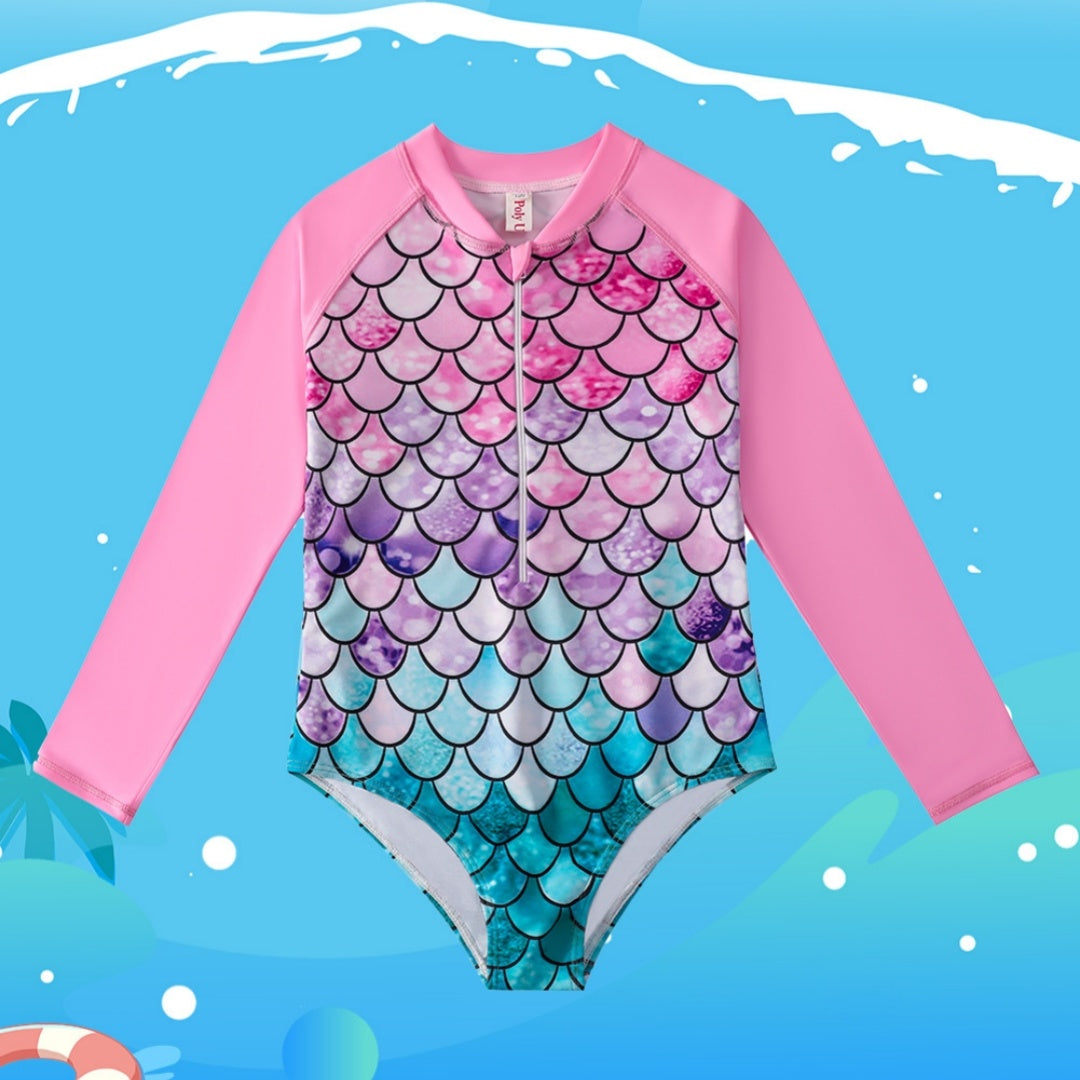 Kids’ Mermaid Long-Sleeve Swimsuit – UV Protection One-Piece - The Dock Drop