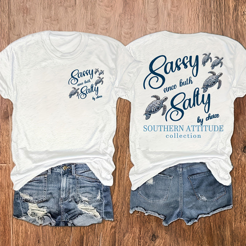 Women’s Round-Neck Graphic Tee – Turtle Print, Soft Cotton Blend - The Dock Drop