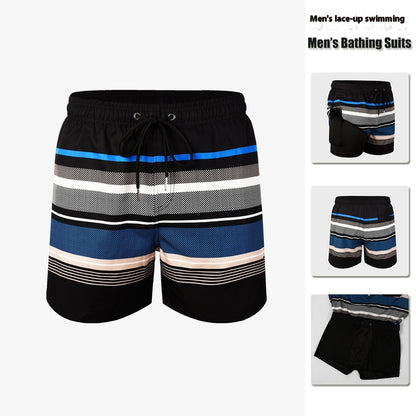 Men’s Double-Layer Anti-Embarrassment Swim Trunks with Side Pocket