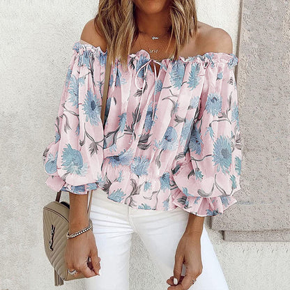 Women’s Floral Off-Shoulder Blouse — Ruffle Sleeve Chiffon Top - The Dock Drop