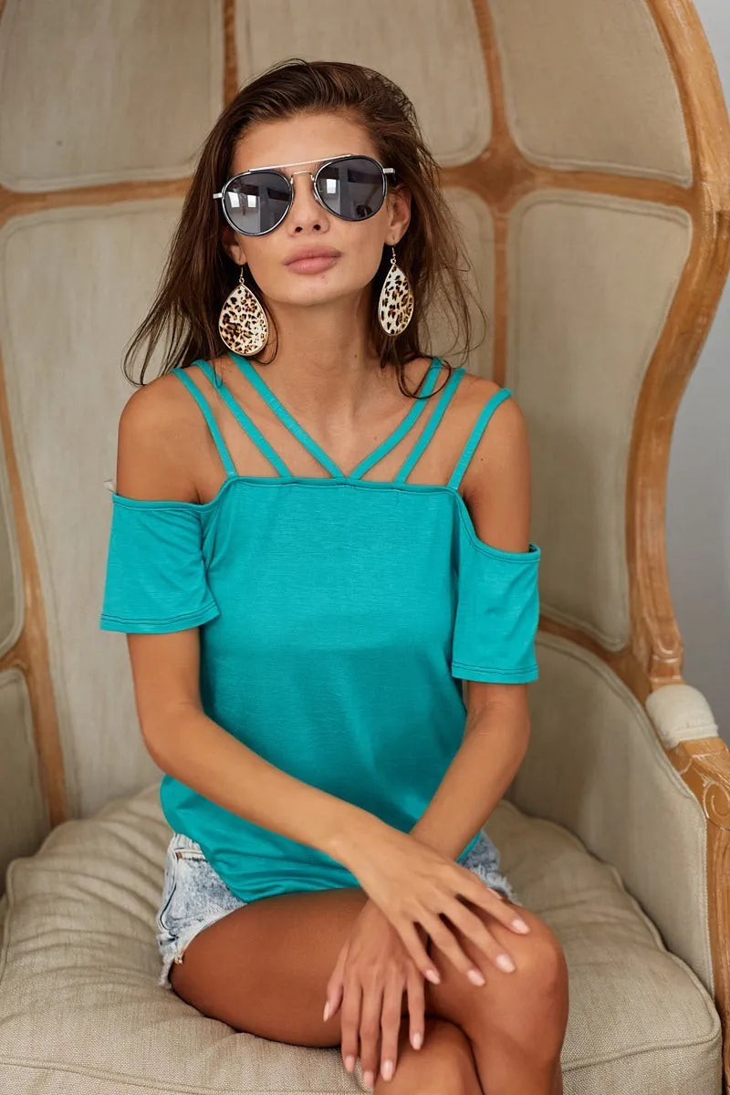 Bibi Rayon Span Jersey Lace Up Shoulder Detailed Top in Teal – Teal Blue – M