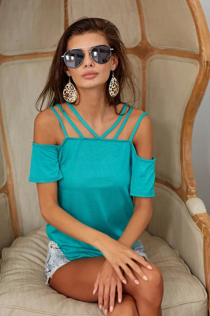 Bibi Rayon Span Jersey Lace Up Shoulder Detailed Top in Teal – Teal Blue – M