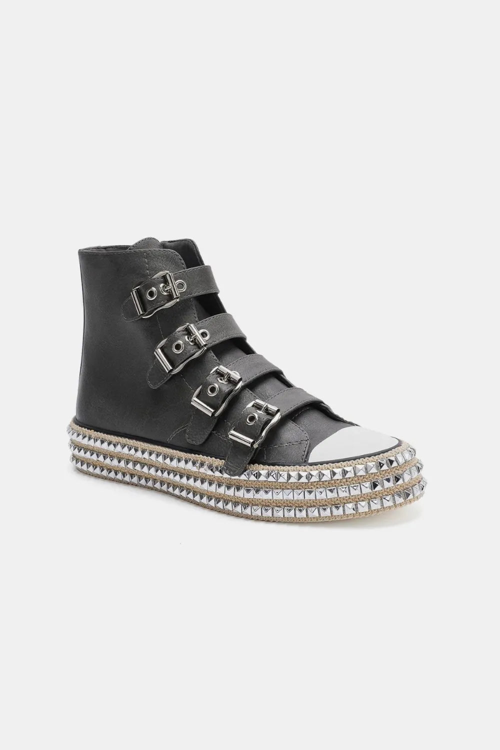 Beast Fashion Buckle Straps & Studded Platform Sneakers – Black – 6