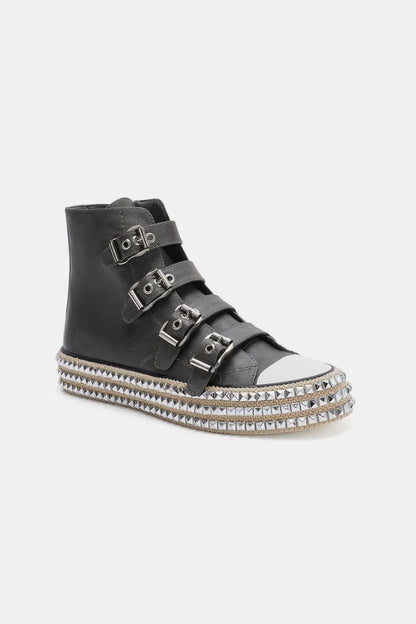 Beast Fashion Buckle Straps & Studded Platform Sneakers – Black – 6