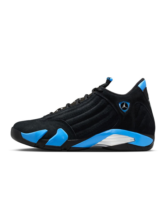 Black and blue sneaker with a brand logo on a white background