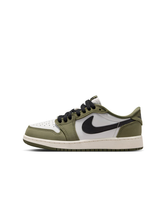 Green and white sneaker with black swoosh logo on a white background
