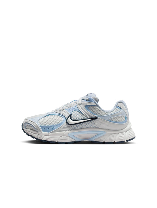 White and blue running shoe with Nike logo on a white background