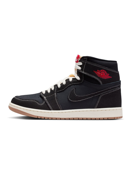 Black high-top sneaker with red logo on a white background