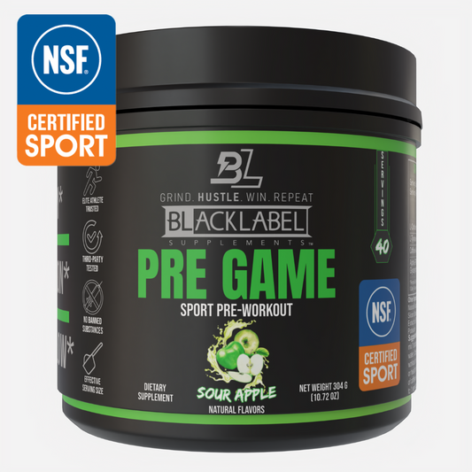 Black Label Supplements Pre Game pre-workout supplement container with NSF certification logos on a white background