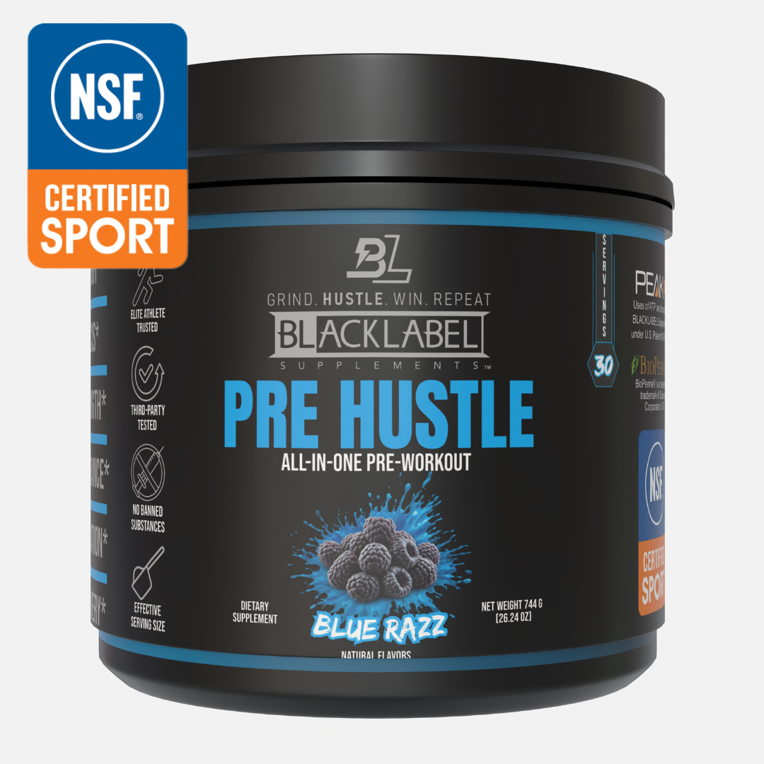 BlackLabel Supplements Pre Hustle pre-workout supplement container with NSF certification logo on a white background