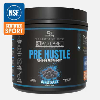 BlackLabel Supplements Pre Hustle pre-workout supplement container with NSF certification logo on a white background