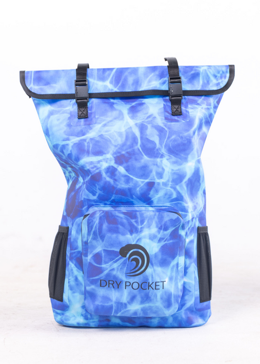 Blue water patterned backpack with 'Dry Pocket' branding on a white background