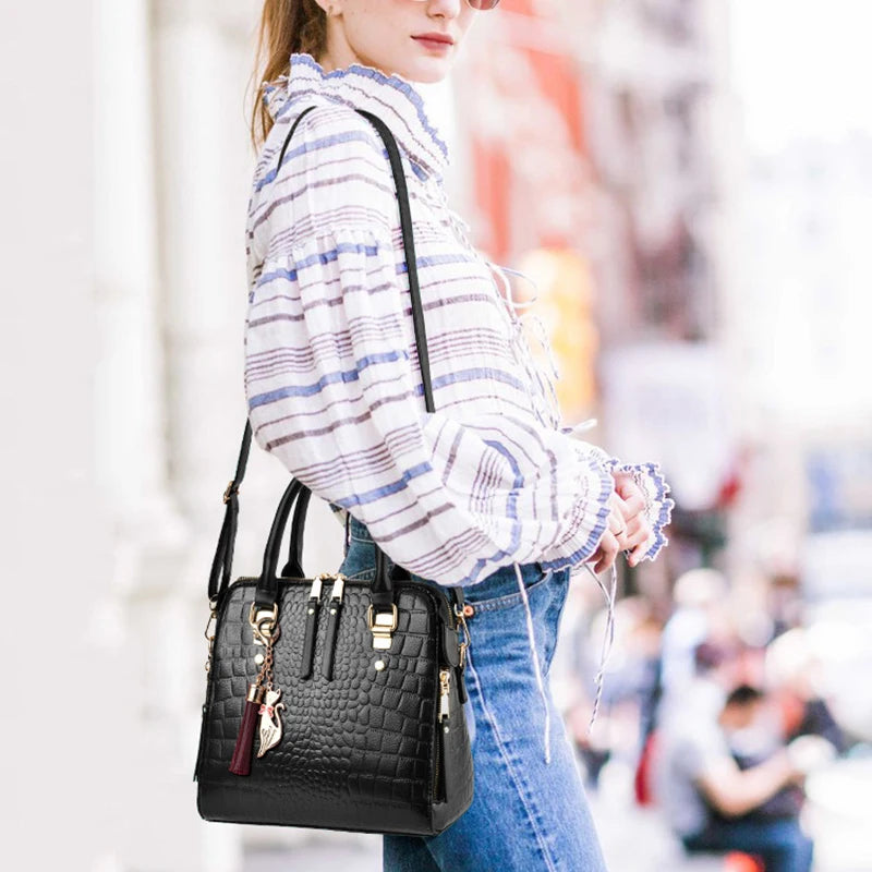 Women’s Croc-Pattern Faux Leather Shoulder Bag – Tassel Detail Handbag