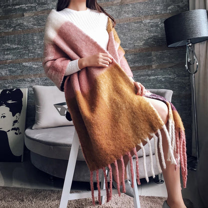 Women’s Plaid Winter Scarf – Soft Warm Tassel Shawl Wrap, Oversized