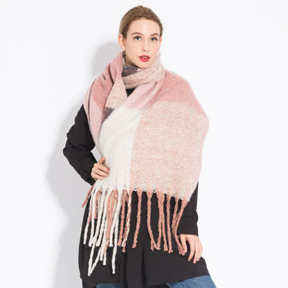 Women’s Plaid Winter Scarf – Soft Warm Tassel Shawl Wrap, Oversized