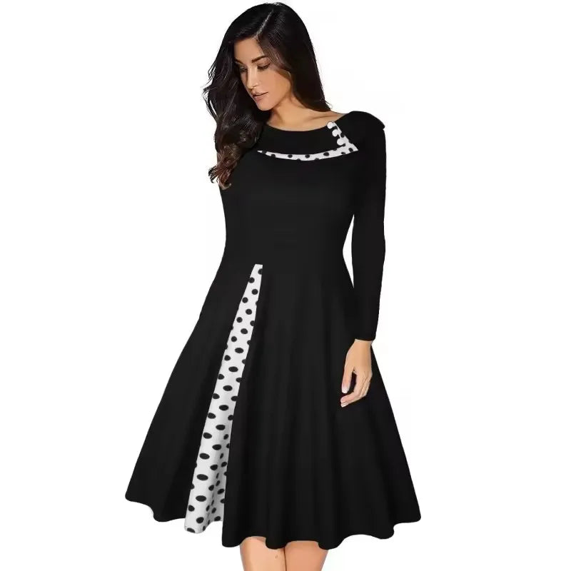 Vintage Polka-Dot A-Line Midi Dress – Long Sleeve, Button Patchwork (S–3XL)