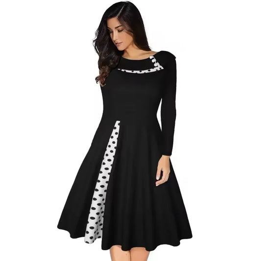Vintage Polka-Dot A-Line Midi Dress – Long Sleeve, Button Patchwork (S–3XL)