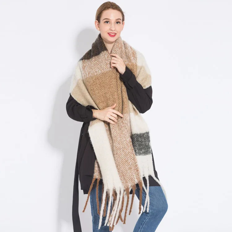 Women’s Plaid Winter Scarf – Soft Warm Tassel Shawl Wrap, Oversized