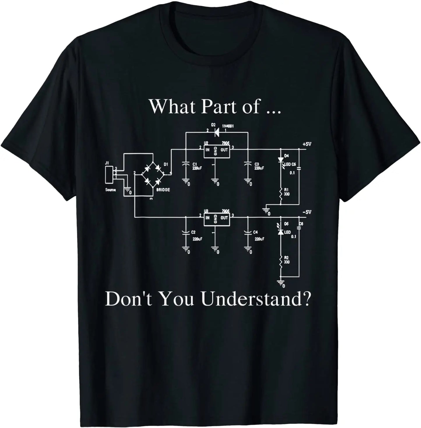 Black t-shirt with white circuit diagram and text on a white background