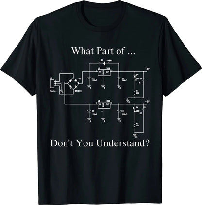 Black t-shirt with white circuit diagram and text on a white background