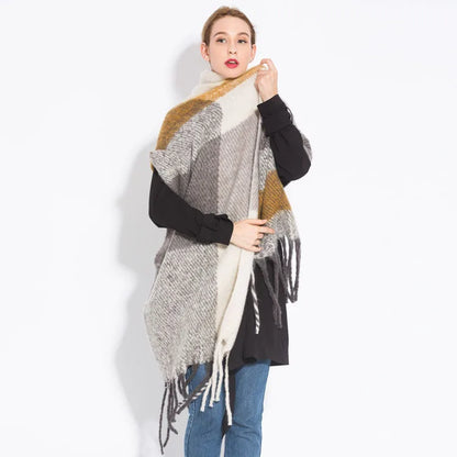 Women’s Plaid Winter Scarf – Soft Warm Tassel Shawl Wrap, Oversized