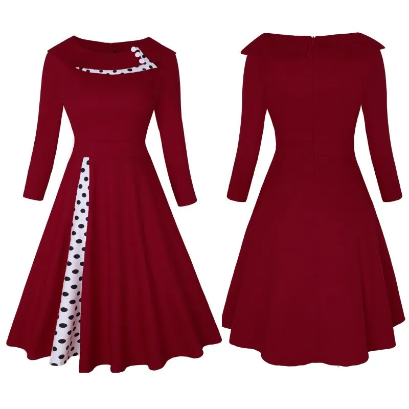 Vintage Polka-Dot A-Line Midi Dress – Long Sleeve, Button Patchwork (S–3XL)