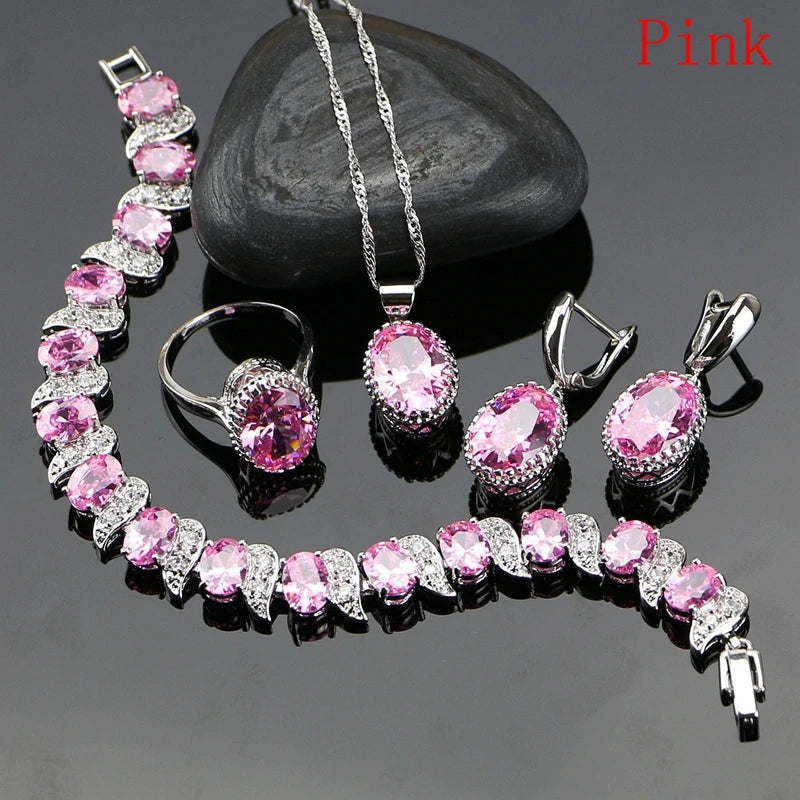 Women’s Sterling Silver Zircon Jewelry Set – Necklace, Earrings, Bracelet & Ring