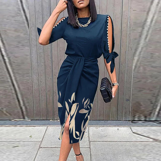 Navy blue cutout sleeve knee-length dress with waist tie – elegant bodycon for women