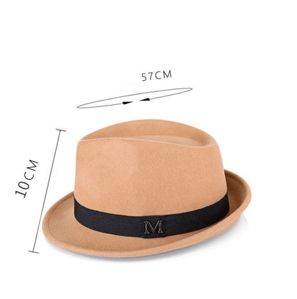 Brown fedora hat with a black band and 'M' logo, shown with measurements on a white background.
