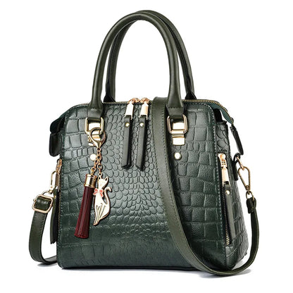 Women’s Croc-Pattern Faux Leather Shoulder Bag – Tassel Detail Handbag