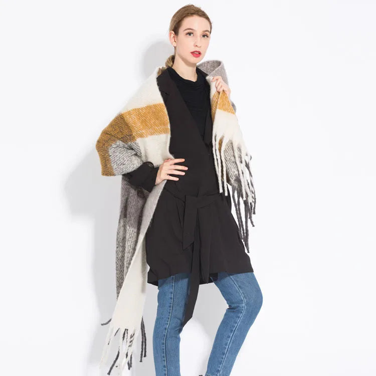 Women’s Plaid Winter Scarf – Soft Warm Tassel Shawl Wrap, Oversized