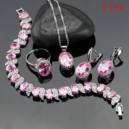 Women’s Sterling Silver Zircon Jewelry Set – Necklace, Earrings, Bracelet & Ring