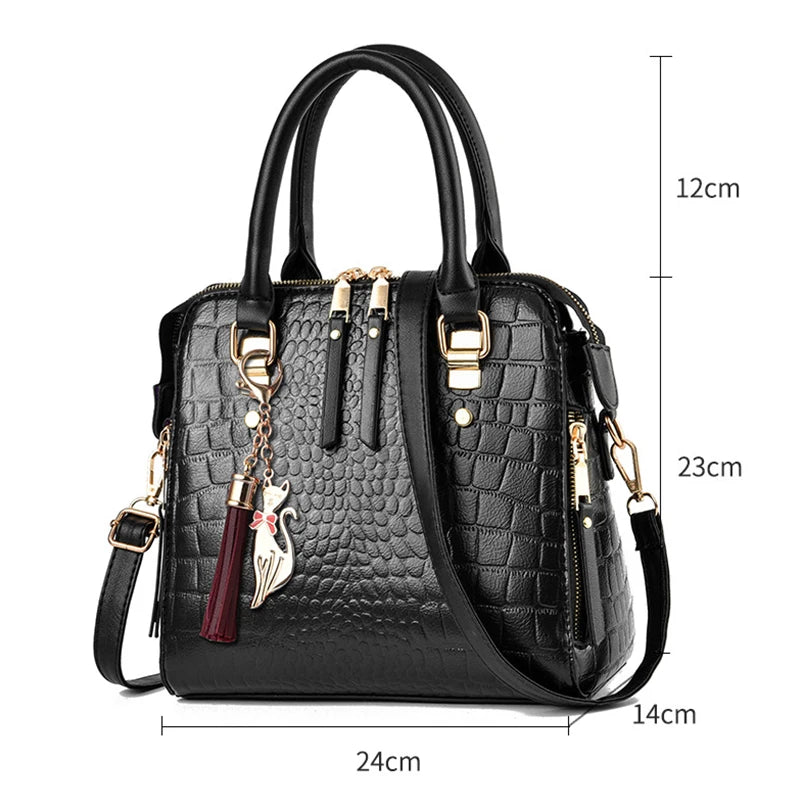 Women’s Croc-Pattern Faux Leather Shoulder Bag – Tassel Detail Handbag