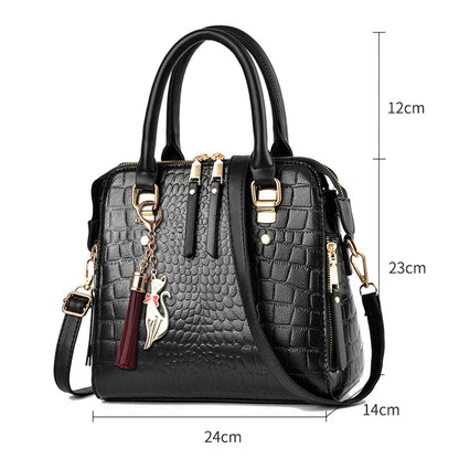Women’s Croc-Pattern Faux Leather Shoulder Bag – Tassel Detail Handbag