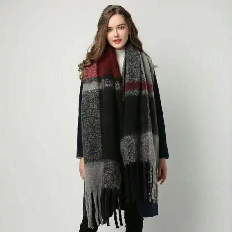 Women’s Plaid Winter Scarf – Soft Warm Tassel Shawl Wrap, Oversized