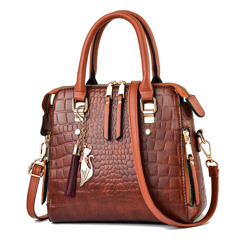 Women’s Croc-Pattern Faux Leather Shoulder Bag – Tassel Detail Handbag