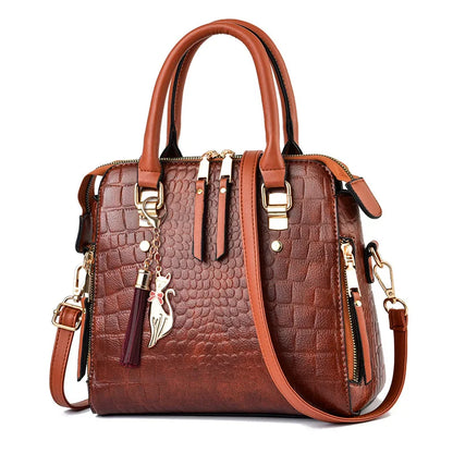 Women’s Croc-Pattern Faux Leather Shoulder Bag – Tassel Detail Handbag