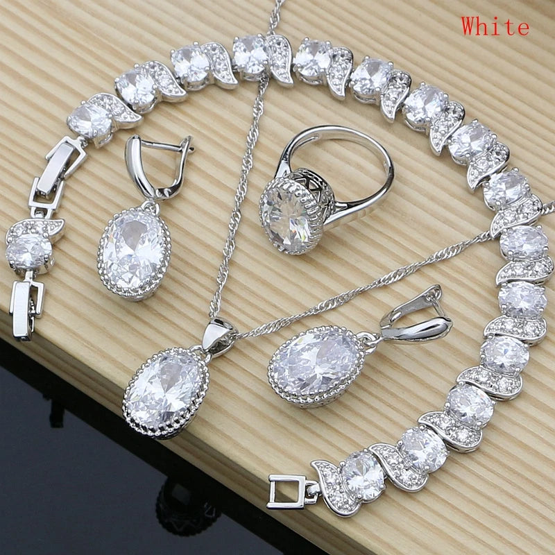 Women’s Sterling Silver Zircon Jewelry Set – Necklace, Earrings, Bracelet & Ring