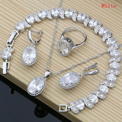 Women’s Sterling Silver Zircon Jewelry Set – Necklace, Earrings, Bracelet & Ring