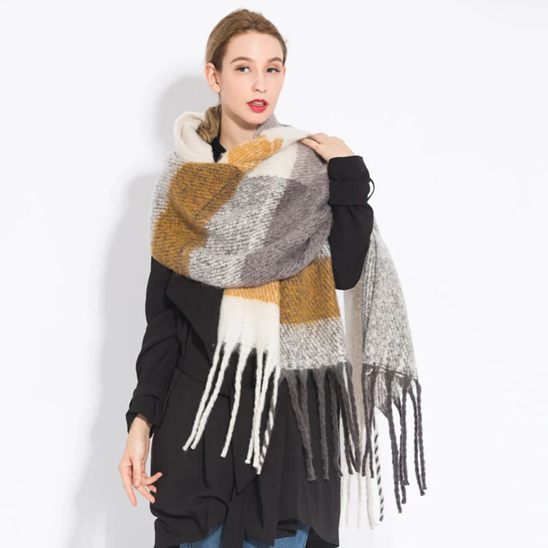 Women’s Plaid Winter Scarf – Soft Warm Tassel Shawl Wrap, Oversized