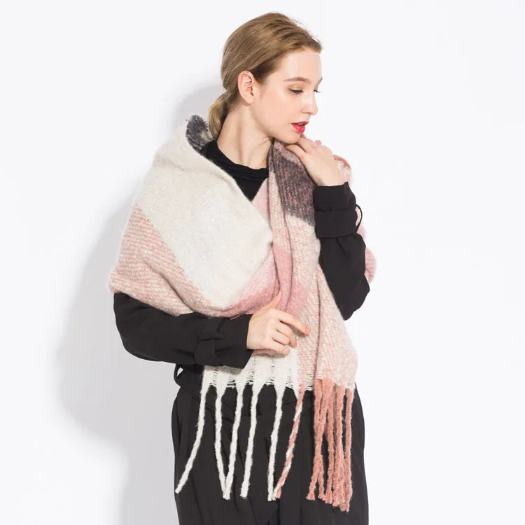 Women’s Plaid Winter Scarf – Soft Warm Tassel Shawl Wrap, Oversized
